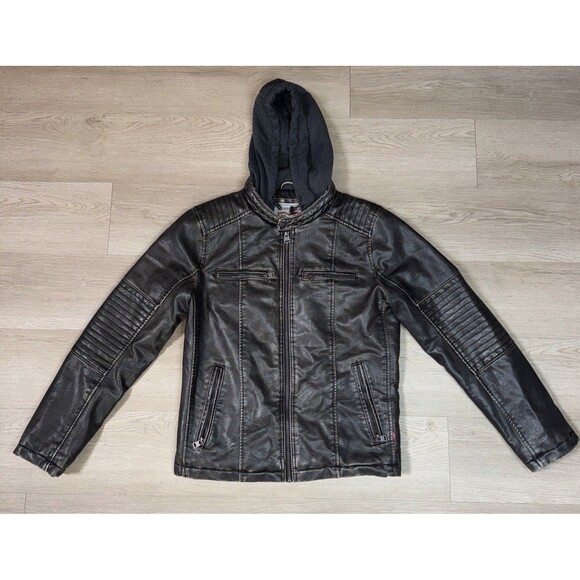 Levi Men's Brown Hooded Trucker Biker Jacket Lined 4 Pockets Stylish Sleek S - Picture 1 of 7